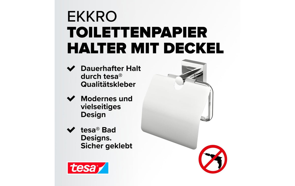 TESA EKKRO – Toilettenpapierhalter – Metall chrom, klebend, wandmontiert, 13,5 × 8,5 × 15,5 cm