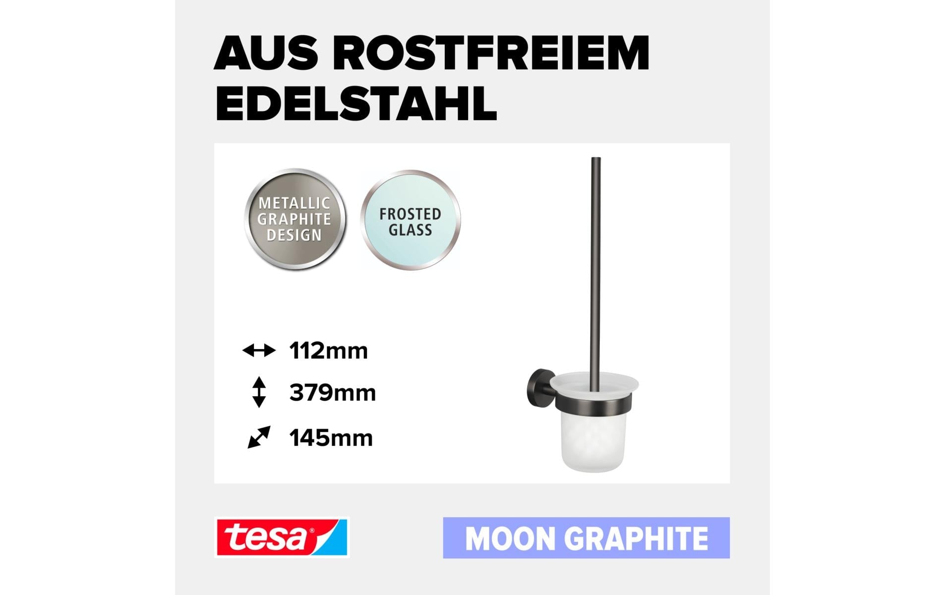 TESA Moon Graphite – WC-Bürstenset – Glas, Metall, Grau, wandmontiert, H 30 cm, Ø 12 cm