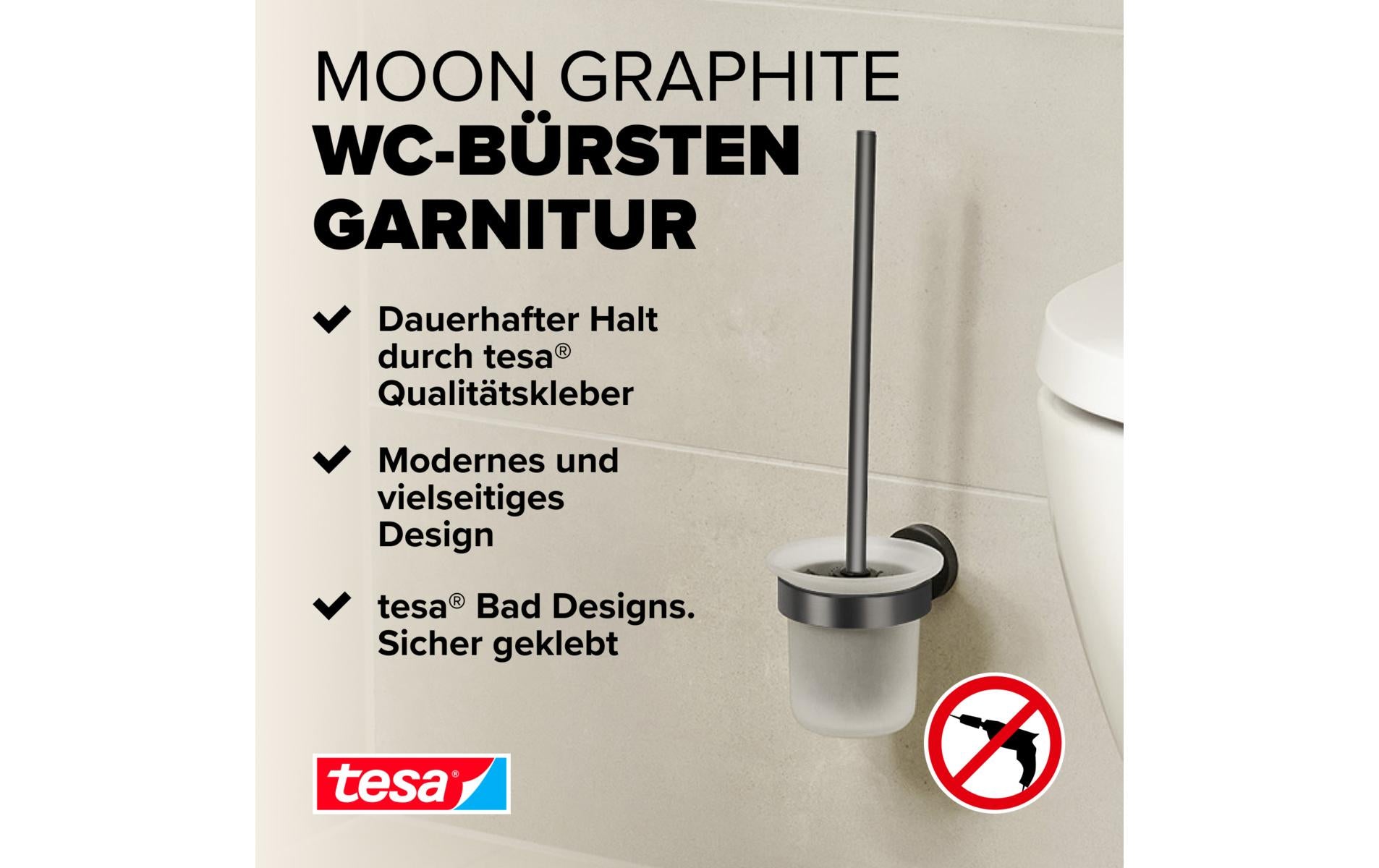 TESA Moon Graphite – WC-Bürstenset – Glas, Metall, Grau, wandmontiert, H 30 cm, Ø 12 cm