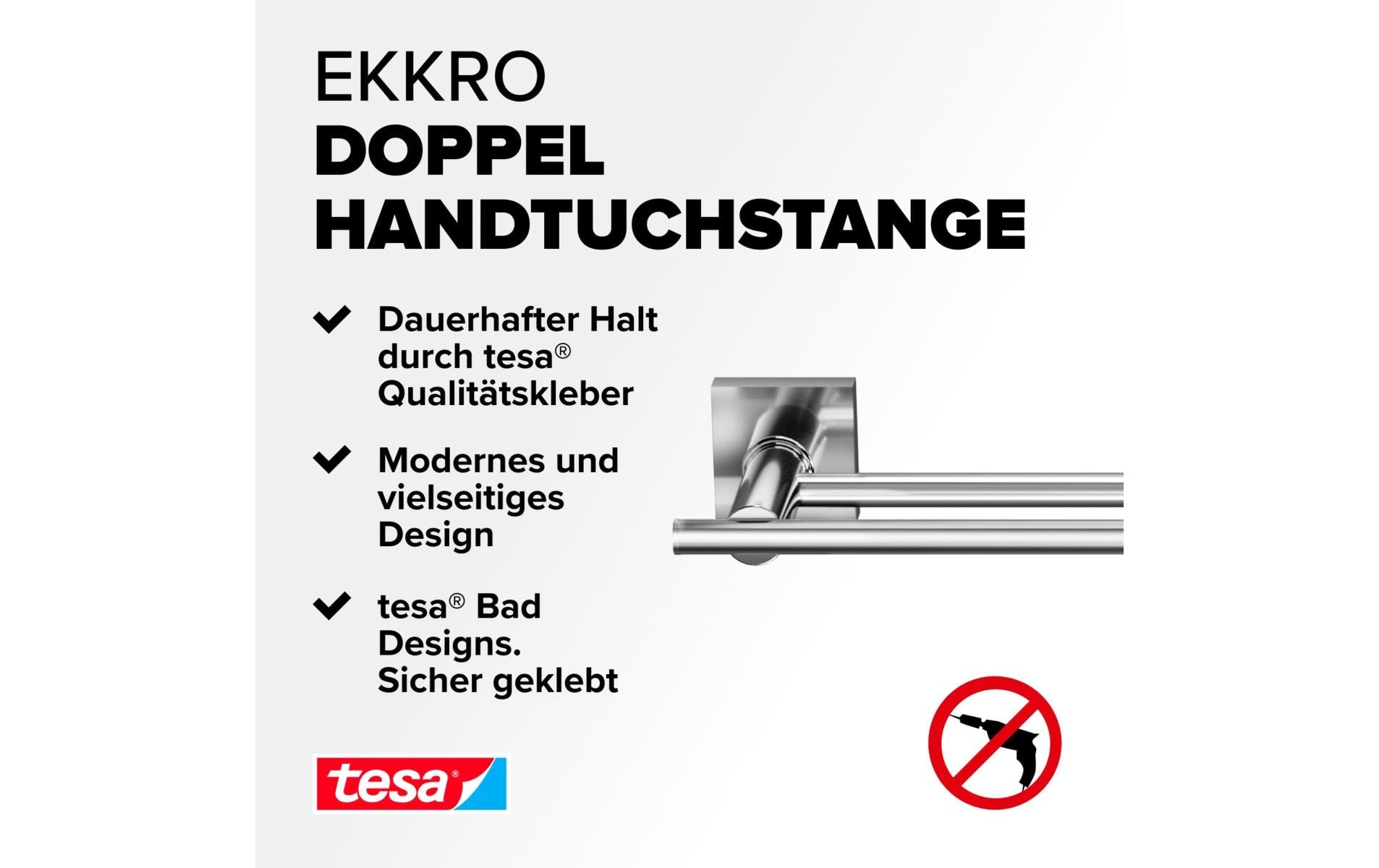 TESA Handtuchhalter EKKRO – 13,5×6,5×65 cm, Metall, Chrom, 12 kg, Klebestreifen