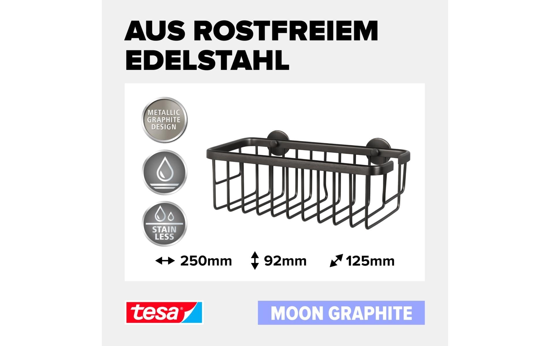TESA Seifenhalter (Wand) Moon Graphite – Metall, 5 kg, Klebestreifen, 13×26,2 cm