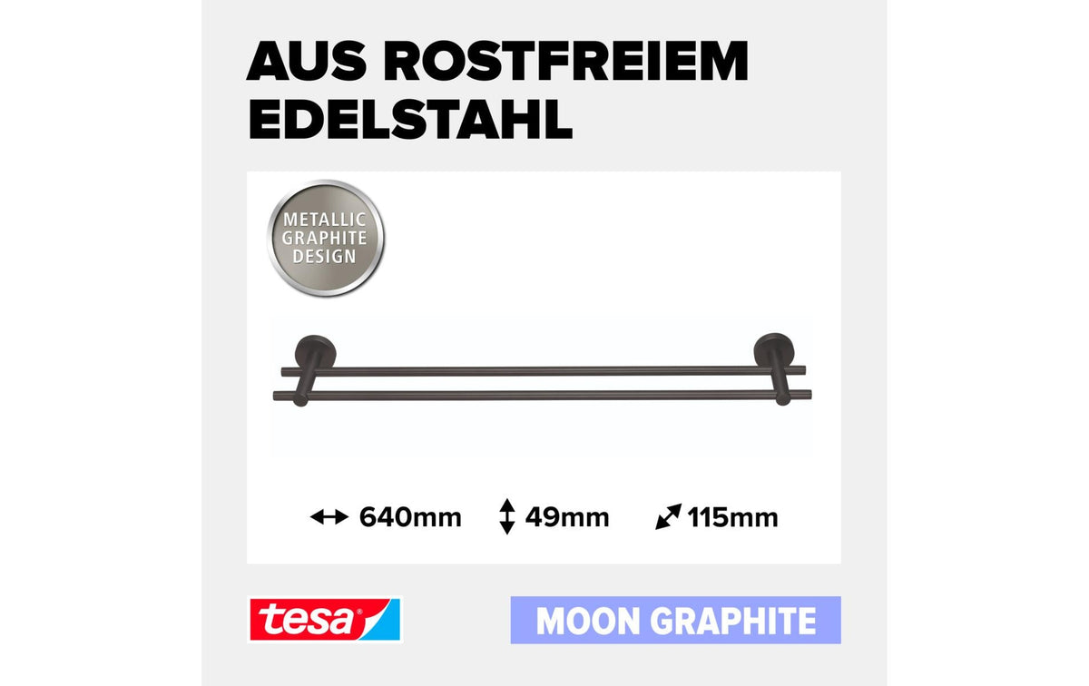 TESA Handtuchhalter MOON – 13,5×6,5×65 cm, Metall, Klebestreifen, 12 kg, Graphit