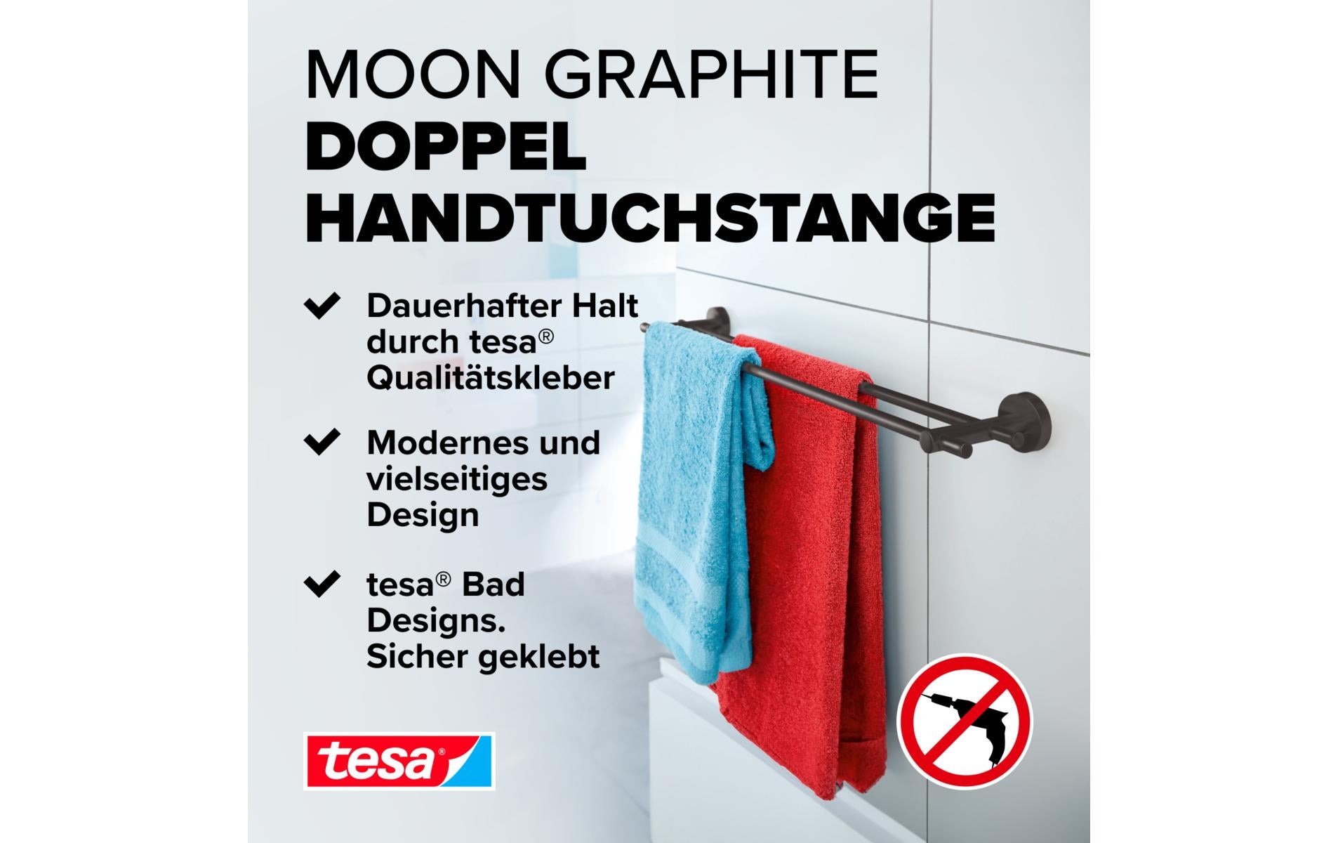 TESA Handtuchhalter MOON – 13,5×6,5×65 cm, Metall, Klebestreifen, 12 kg, Graphit