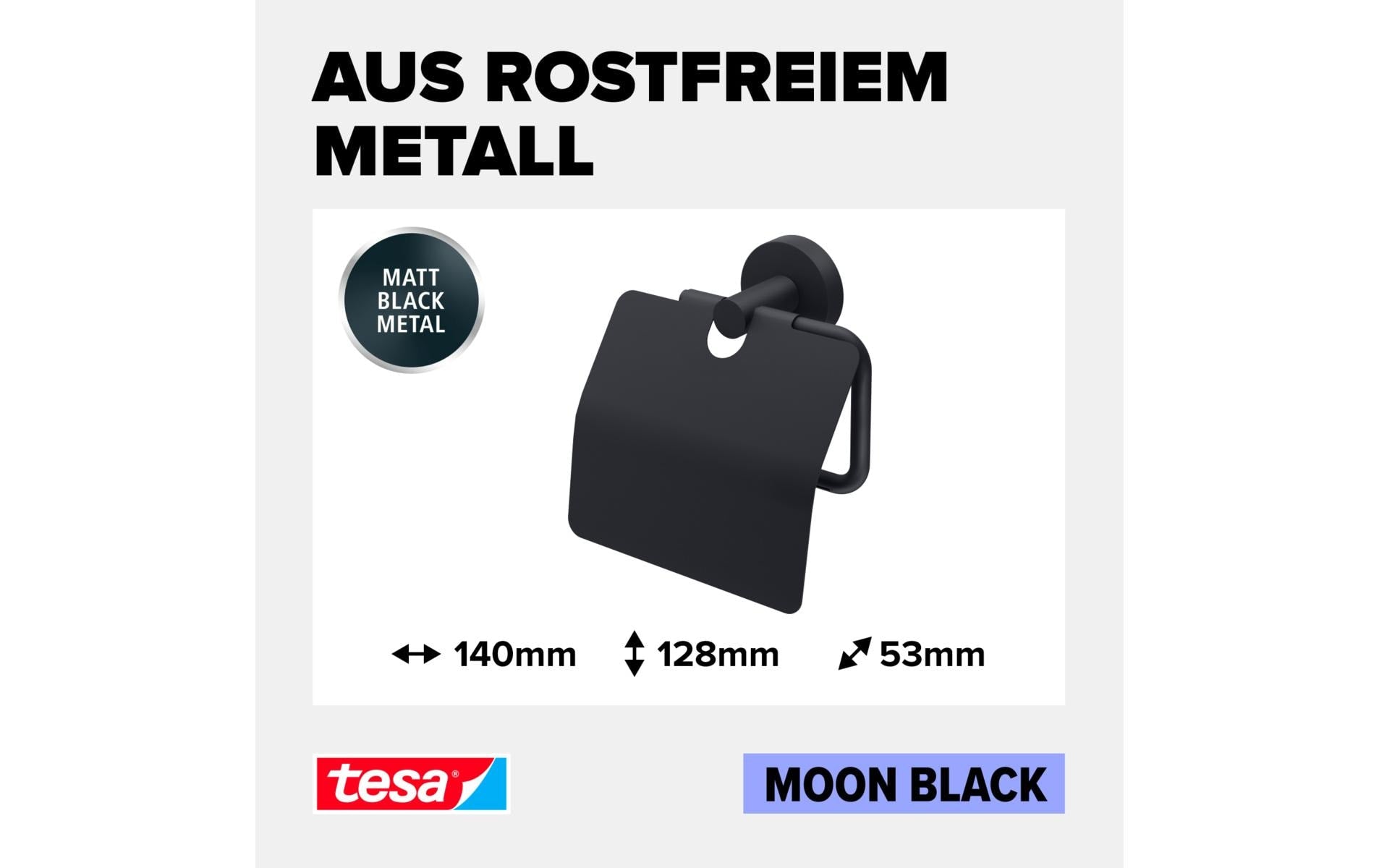 TESA Moon Black – Toilettenpapierhalter – Stahl pulverbeschichtet, schwarz, 13,5 × 8,5 × 15,5 cm