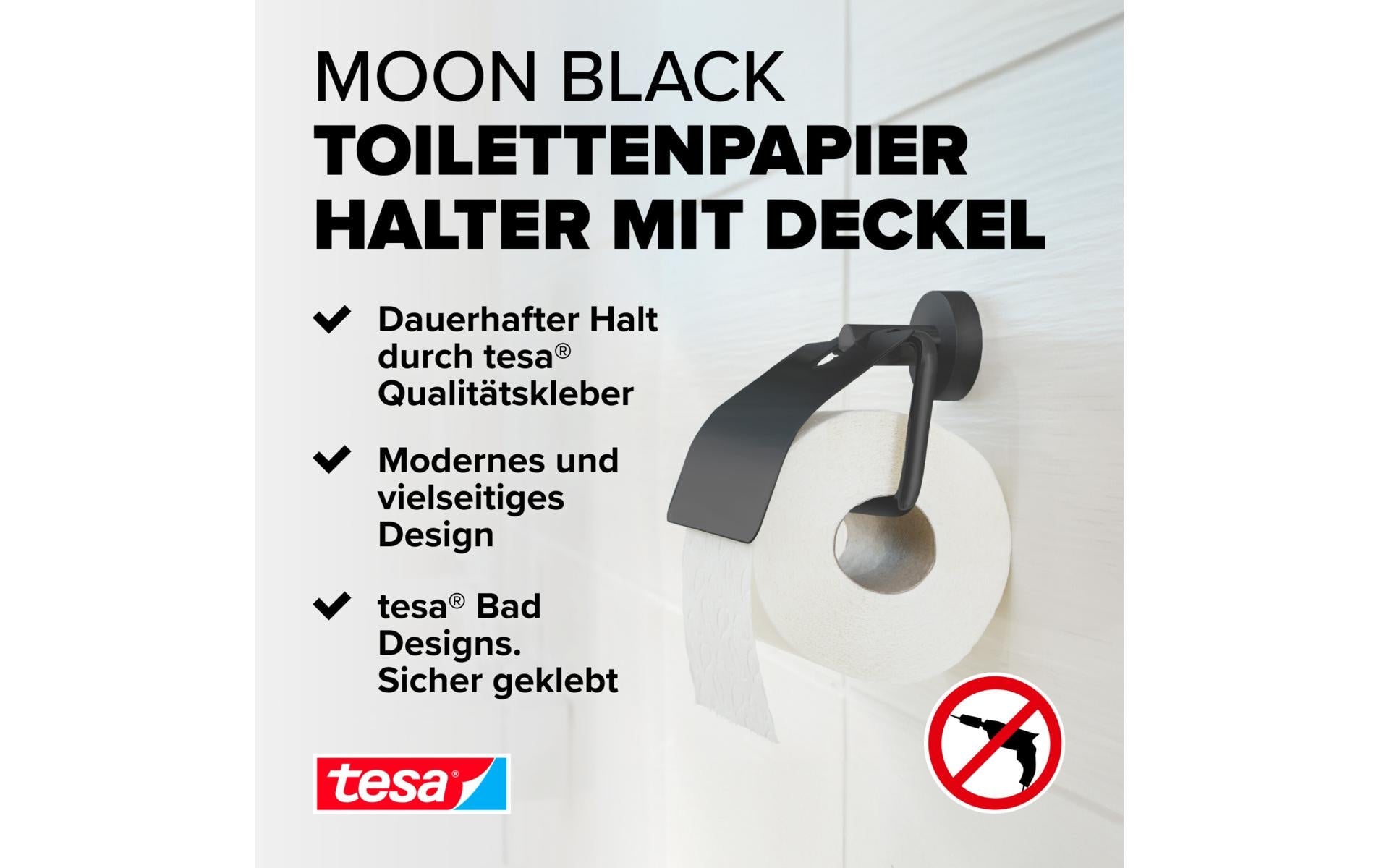 TESA Moon Black – Toilettenpapierhalter – Stahl pulverbeschichtet, schwarz, 13,5 × 8,5 × 15,5 cm