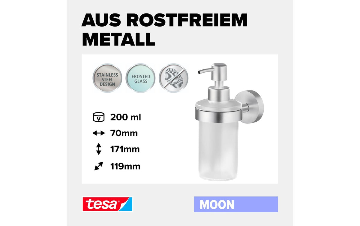 Tesa Moon Manueller Seifenspender – Wandmontage – 200 ml, silber, Glas, Edelstahl