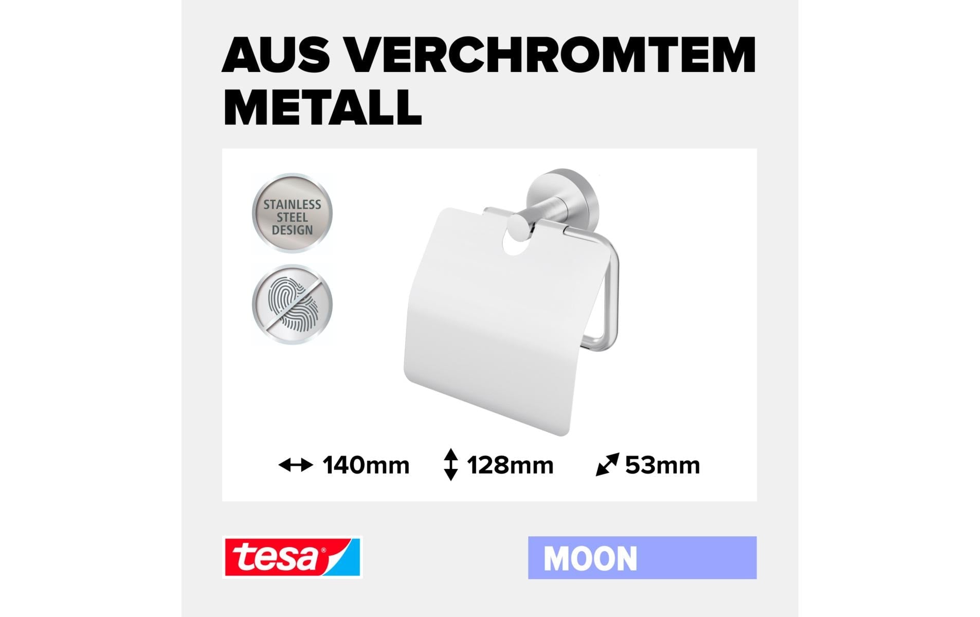TESA MOON – Toilettenpapierhalter – Edelstahl, klebend, wandmontiert, 13,5 × 8,5 × 15,5 cm