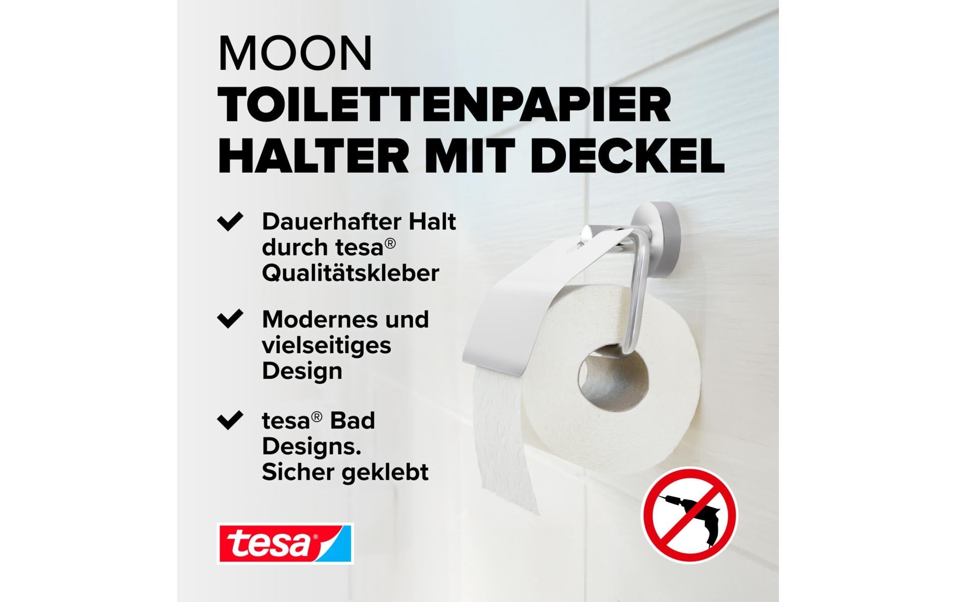 TESA MOON – Toilettenpapierhalter – Edelstahl, klebend, wandmontiert, 13,5 × 8,5 × 15,5 cm