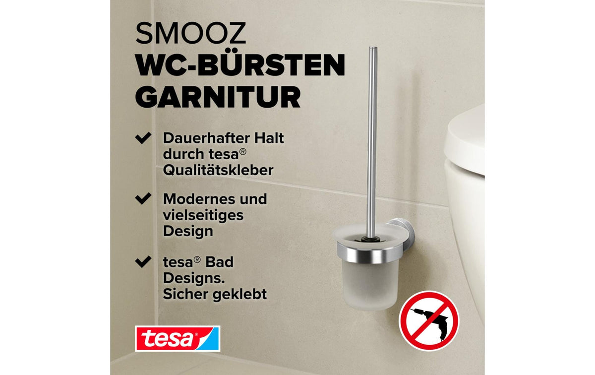 TESA Smooz – WC-Bürstenset – Edelstahl chrom, satiniertes Glas, wandmontiert, klebend, H 39,5 cm