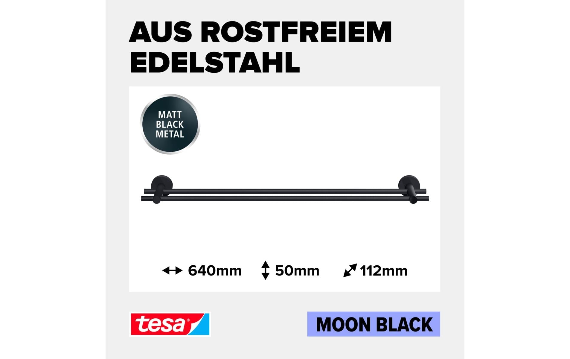 TESA Handtuchhalter MOON BLACK – 19,5×6,5×20,5 cm, Edelstahl, Klebestreifen, Schwarz