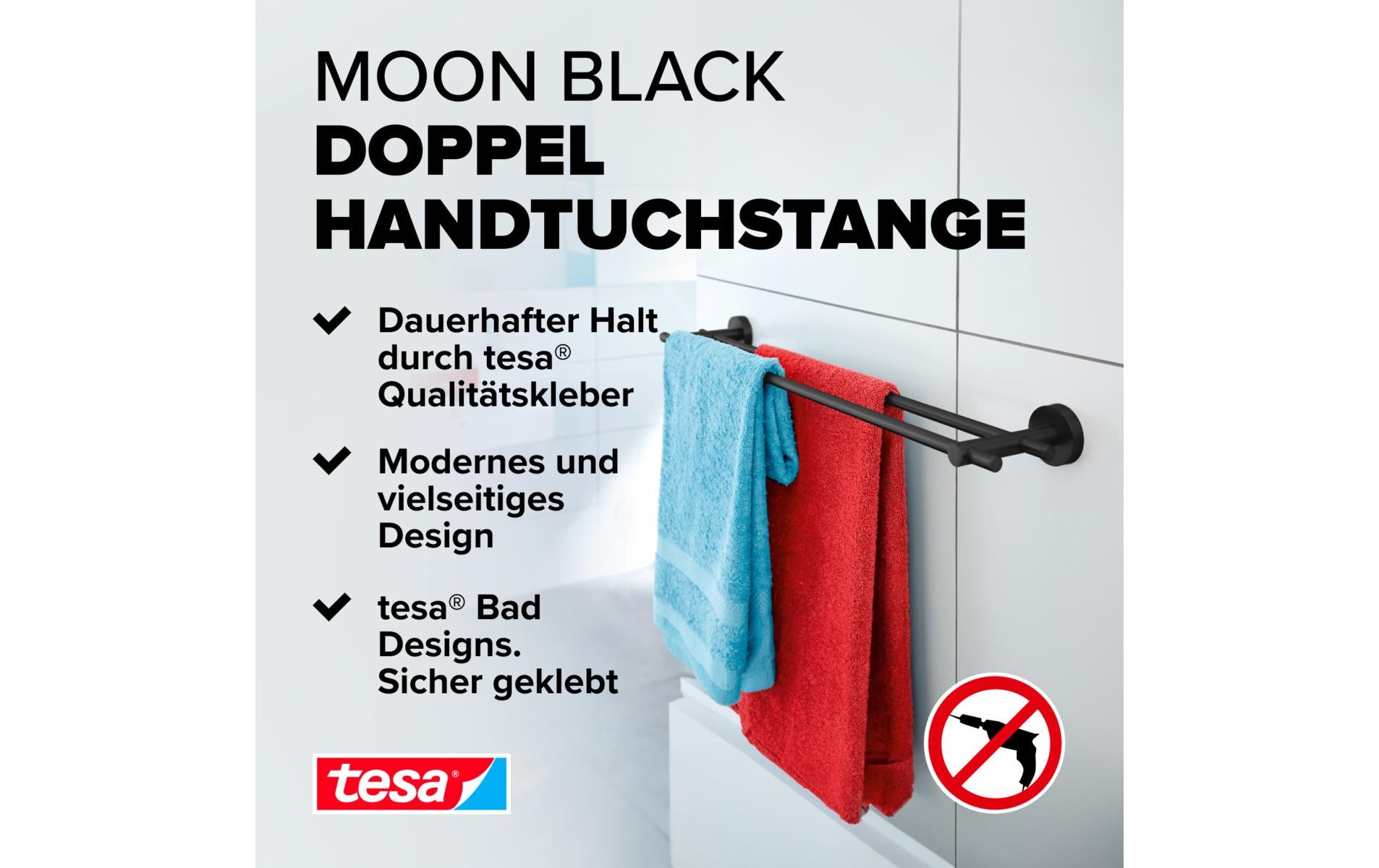 TESA Handtuchhalter MOON BLACK – 19,5×6,5×20,5 cm, Edelstahl, Klebestreifen, Schwarz