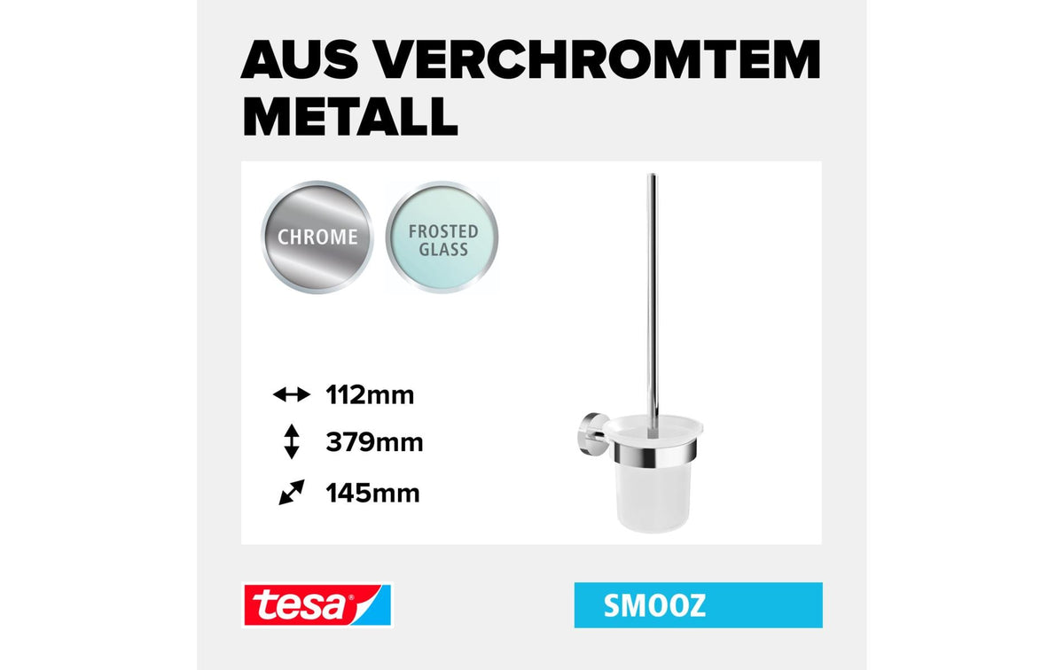 TESA Smooz – WC-Bürstenset – Edelstahl chrom, satiniertes Glas, wandmontiert, klebend, H 39,5 cm