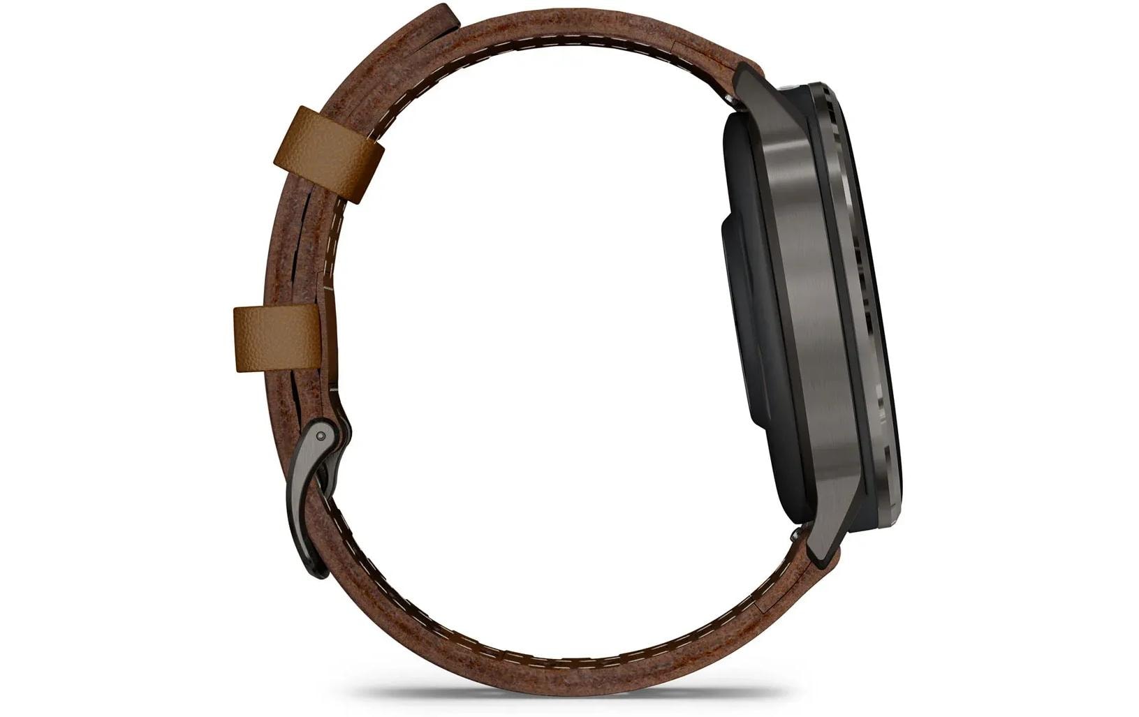 Garmin Venu 4 45 mm GPS – Edelstahl Schwarz, Braunes Lederarmband, 50 m, für iPhone