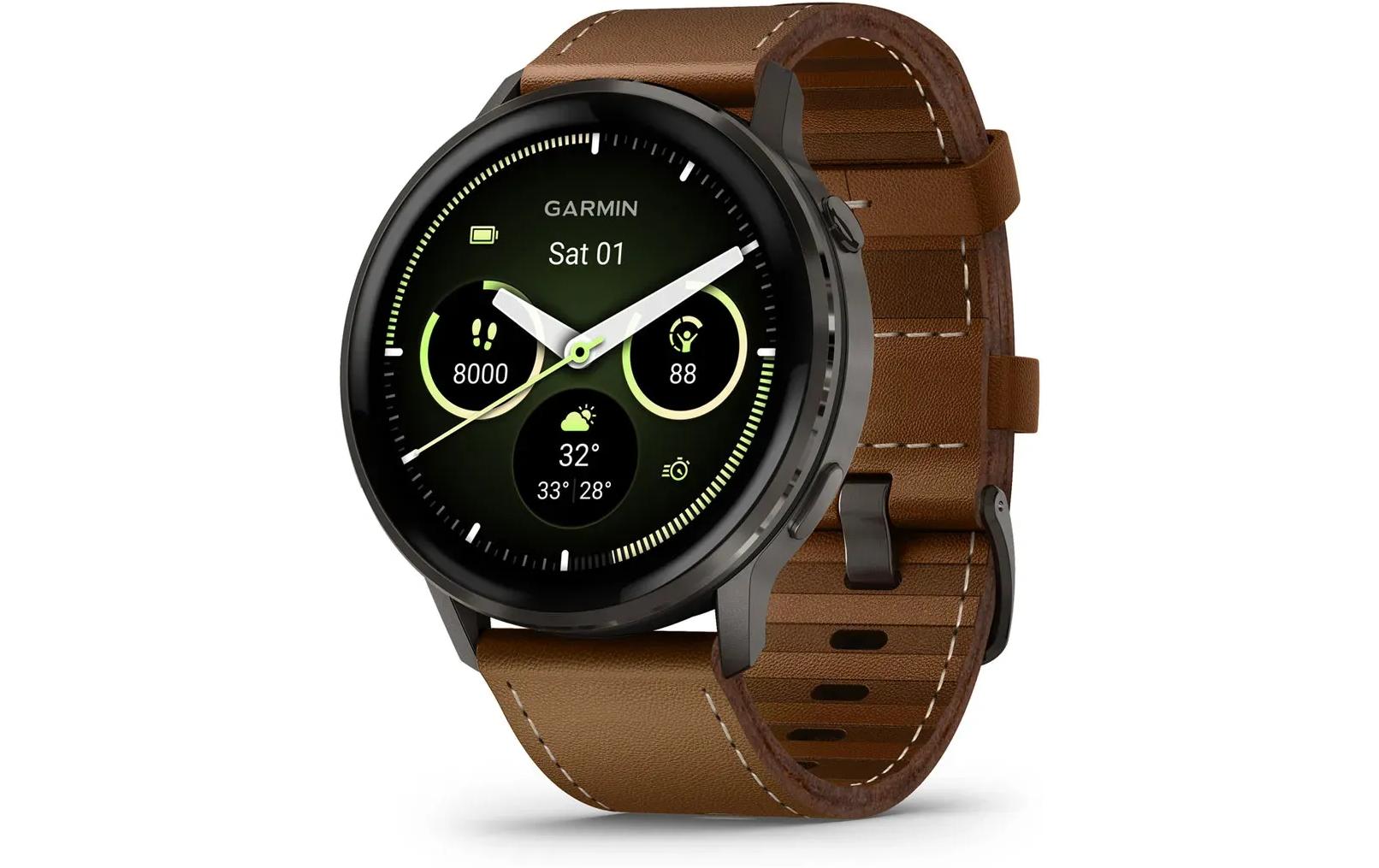 Garmin Venu 4 45 mm GPS – Edelstahl Schwarz, Braunes Lederarmband, 50 m, für iPhone
