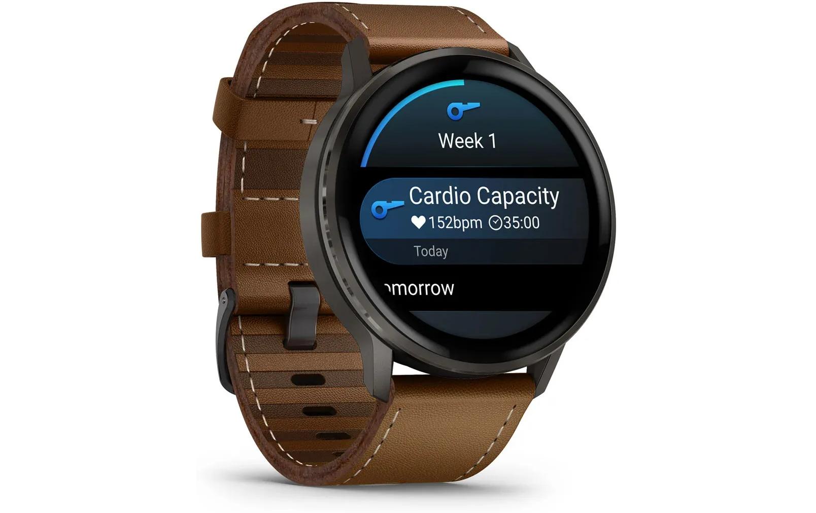 Garmin Venu 4 45 mm GPS – Edelstahl Schwarz, Braunes Lederarmband, 50 m, für iPhone