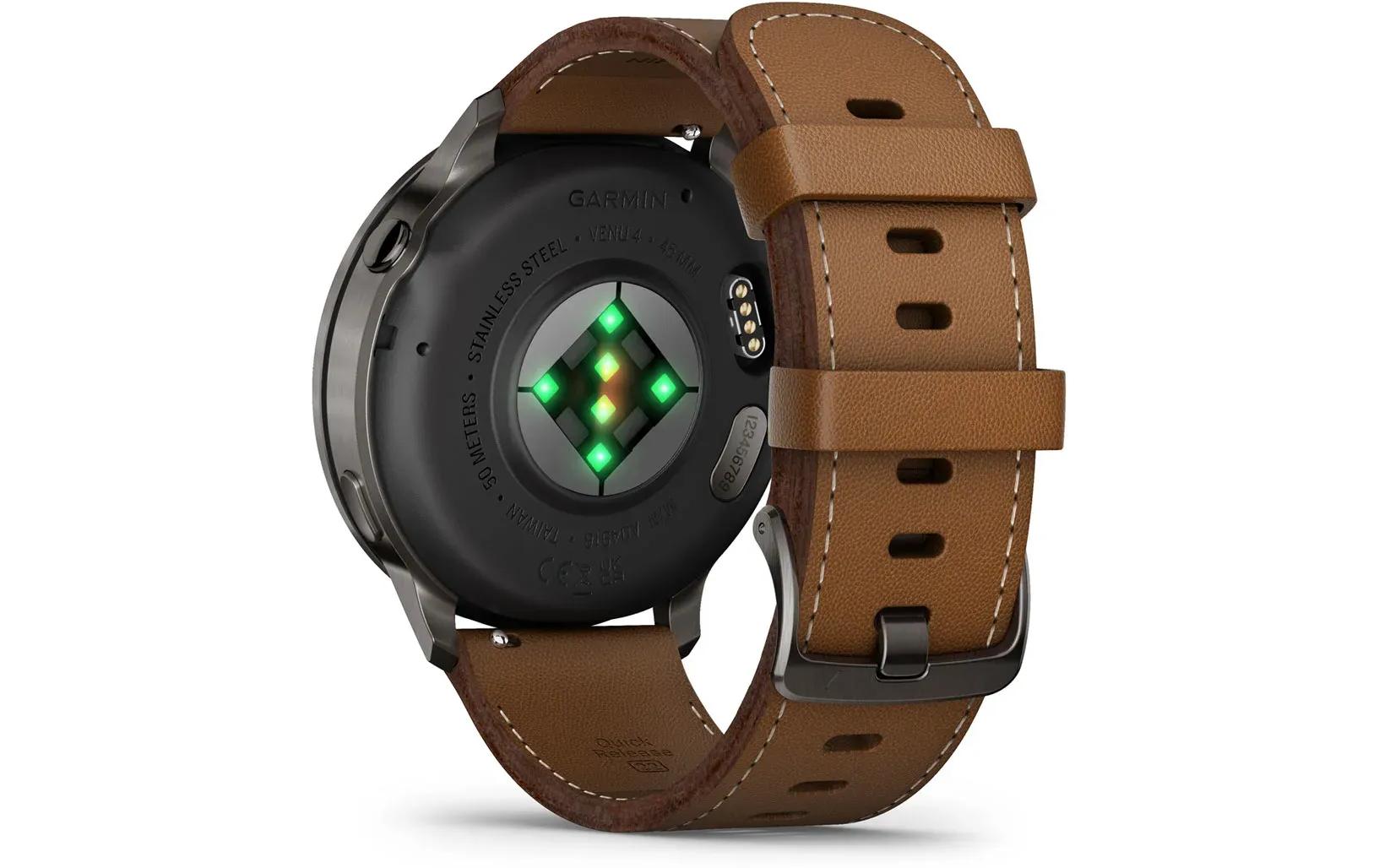 Garmin Venu 4 45 mm GPS – Edelstahl Schwarz, Braunes Lederarmband, 50 m, für iPhone