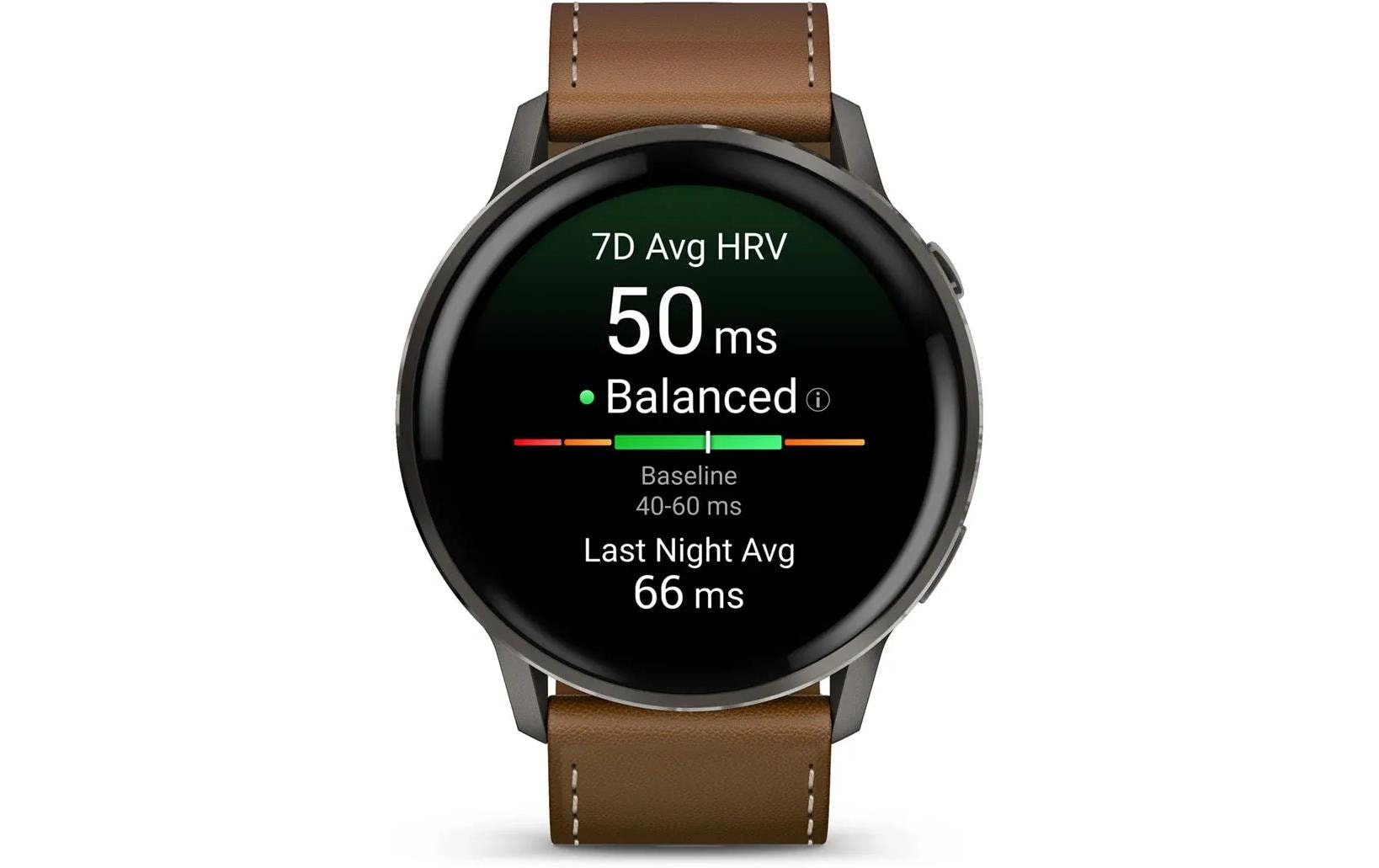 Garmin Venu 4 45 mm GPS – Edelstahl Schwarz, Braunes Lederarmband, 50 m, für iPhone