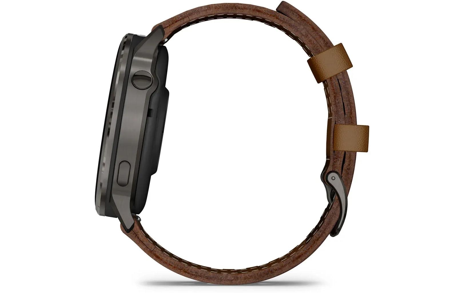 Garmin Venu 4 45 mm GPS – Edelstahl Schwarz, Braunes Lederarmband, 50 m, für iPhone
