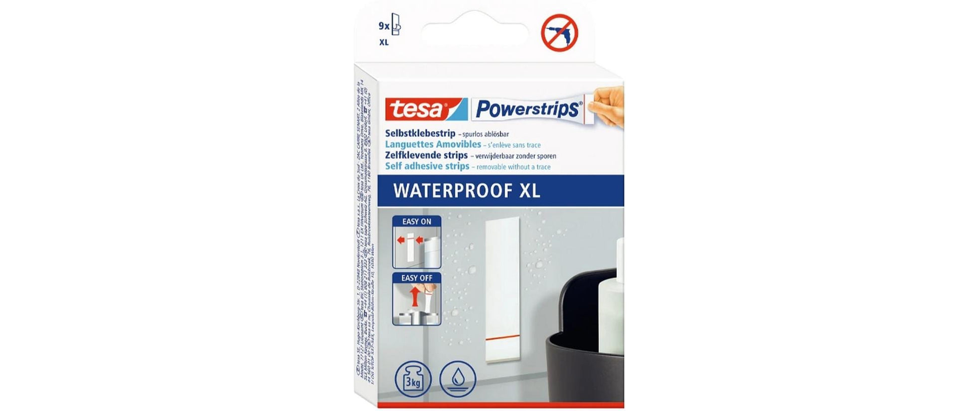 TESA Powerstrips Wasserfall Klebehaken – Kunststoff, 3 kg, Klebestreifen, 8×2 cm, Weiss, 9er-Set