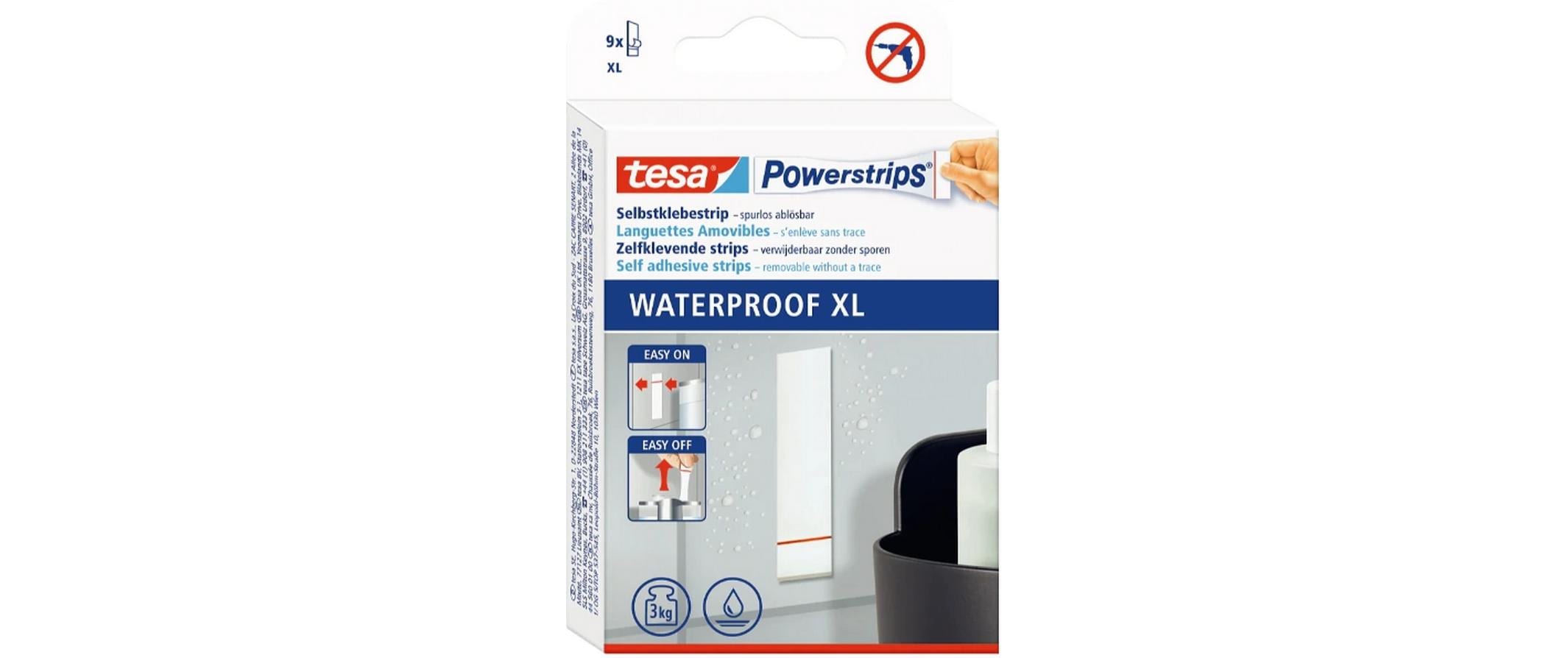 TESA Powerstrips Wasserfall Klebehaken – Kunststoff, 3 kg, Klebestreifen, 8×2 cm, Weiss, 9er-Set