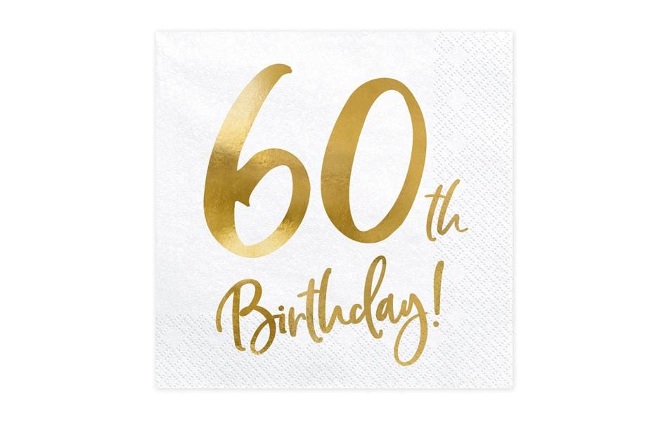 Partydeco Servietten 60. Geburtstag, 33 × 33 cm, weiss/gold – 20 Stk.