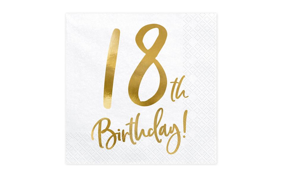 Partydeco Servietten 18th Birthday, 33 × 33 cm, weiss/gold – 20 Stk.