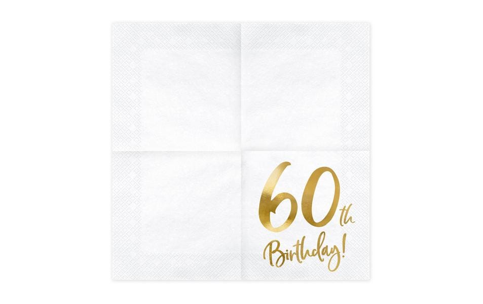 Partydeco Servietten 60. Geburtstag, 33 × 33 cm, weiss/gold – 20 Stk.