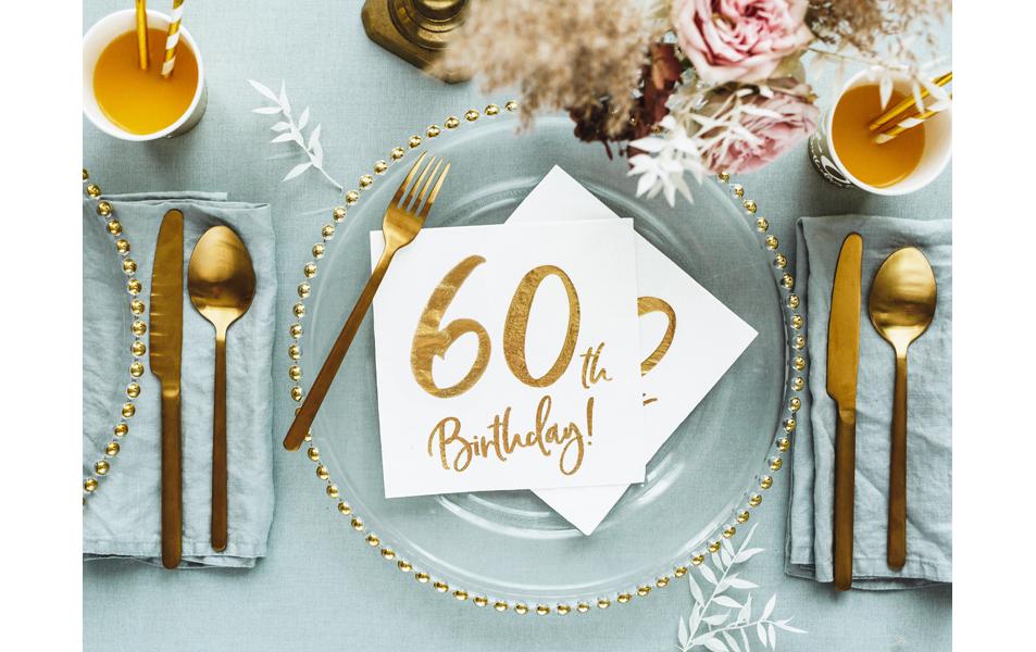 Partydeco Servietten 60. Geburtstag, 33 × 33 cm, weiss/gold – 20 Stk.