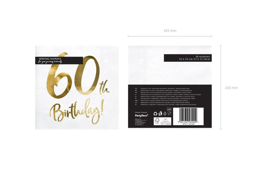 Partydeco Servietten 60. Geburtstag, 33 × 33 cm, weiss/gold – 20 Stk.