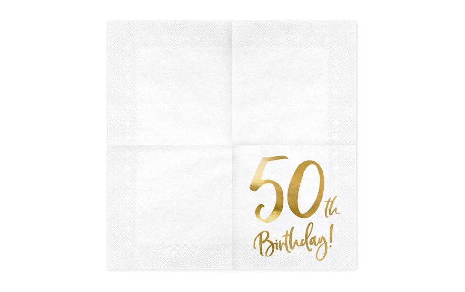 Partydeco Servietten 50th Birthday weiss – 33 × 33 cm, 3-lagig – 20 Stück