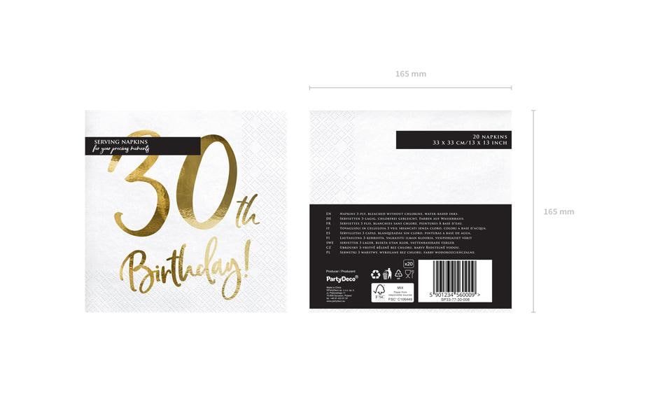 Partydeco Servietten Geburtstag – weiss/gold – 33 × 33 cm, 3-lagig – 20 Stück