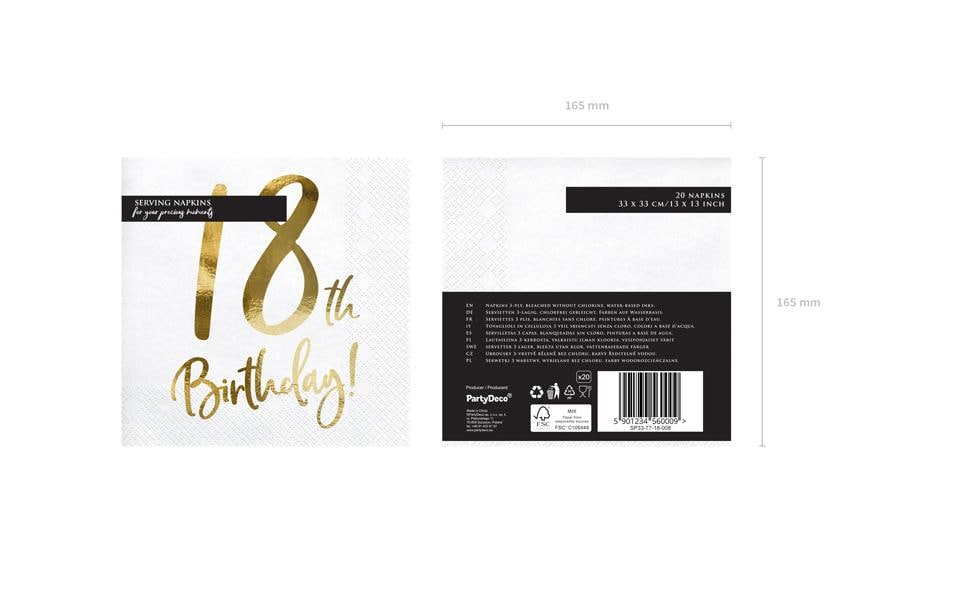Partydeco Servietten 18th Birthday, 33 × 33 cm, weiss/gold – 20 Stk.