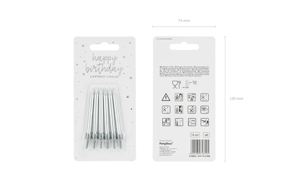 Partydeco Geburtstagskerzen glatt – Silber – 6 cm – 6 Stk