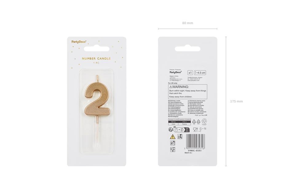 PartyDeco Geburtstagskerzen Zahl 2 – Gold – 4,5 cm – 1 Stk