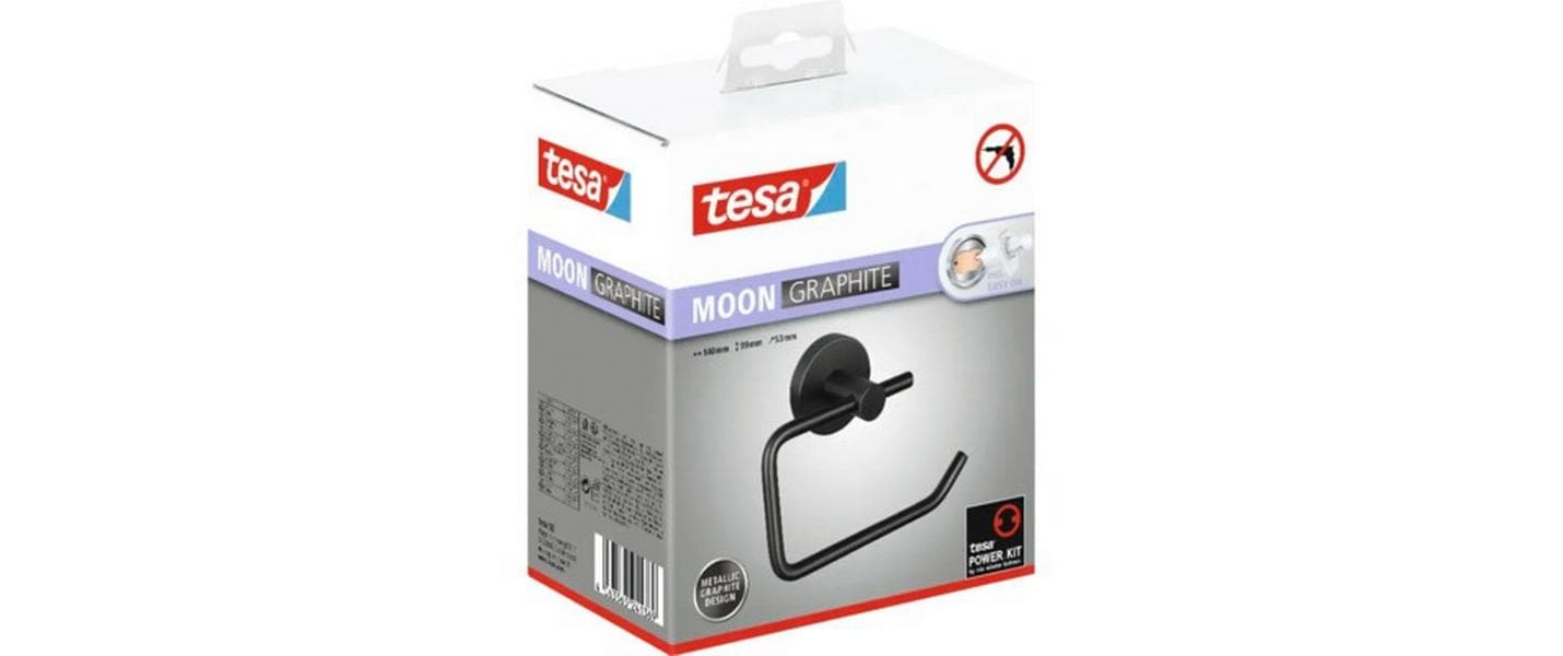 TESA MOON – Toilettenpapierhalter – Edelstahl, Grau, Klebend, Wandmontiert, 5,3 × 14 × 9,9 cm