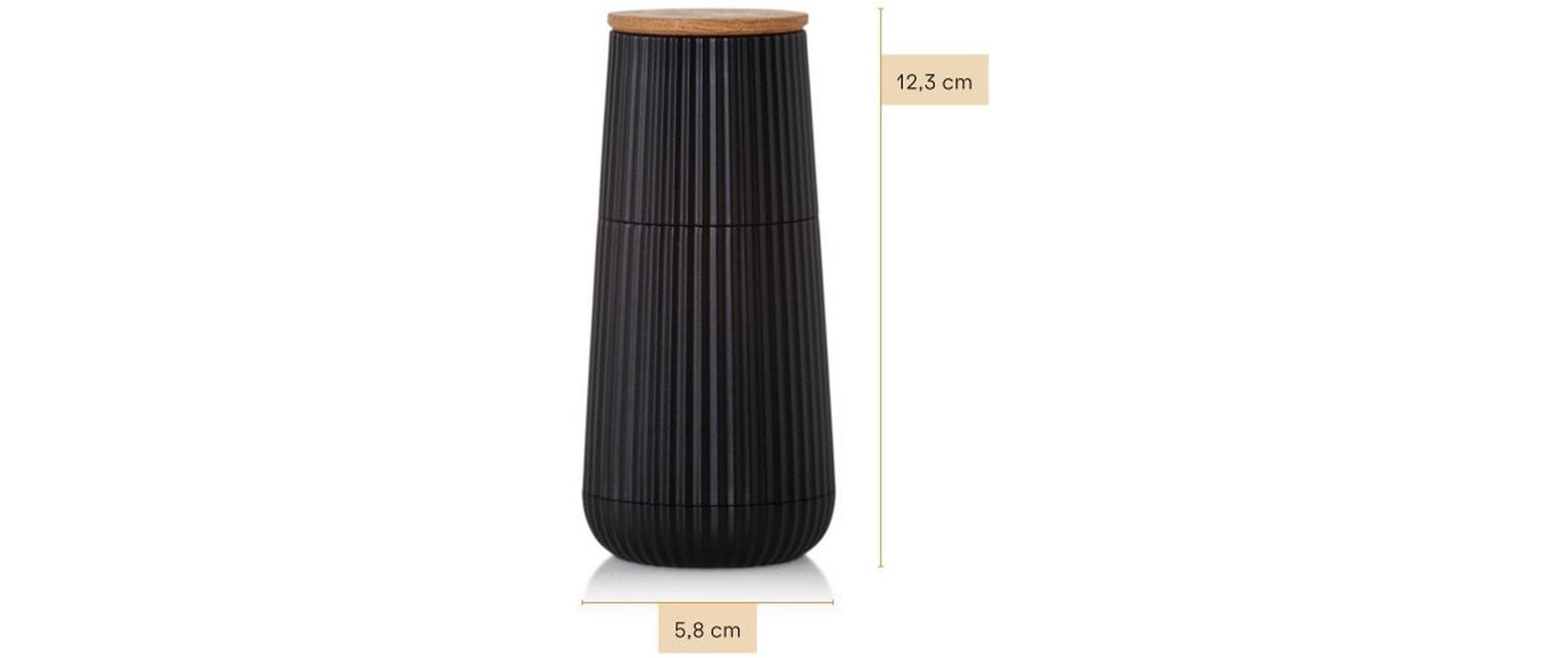 AdHoc MP153 – Salz-/Pfeffermühle 2-tlg., Ø 5,8 × 12,3 cm, Eichenholz/Kunststoff, Schwarz/Gold, Keramikmahlwerk