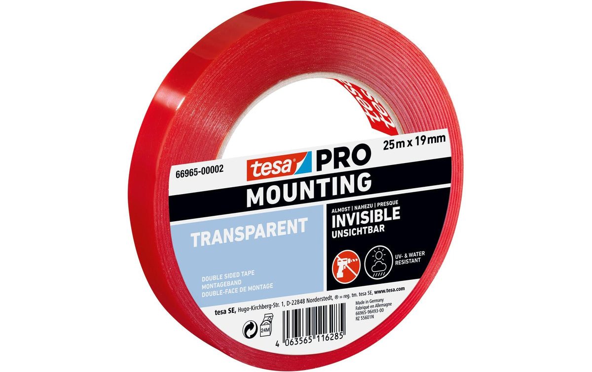 TESA Montageband – 19 mm × 25 m, transparent, wetterfest