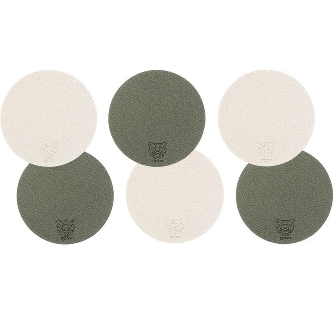 Björn Untersetzer – 6er Set, Ø 10 cm, Recyceltes Leder/Naturkautschuk, Creme/Grün, wendbar, für Gläser