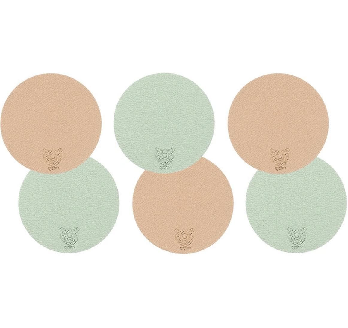 Björn Untersetzer – 6er Set, Ø 10,0 cm, Recyceltes Leder, Rosa/Grün, Wendbar
