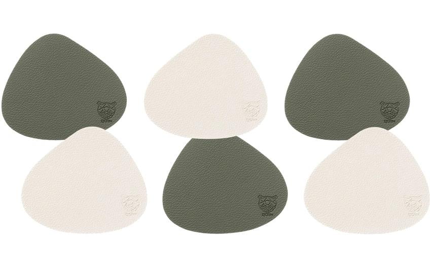 Björn Untersetzer – 6er Set, Ø 10 cm, Leder (recycelt)/Gummi, Creme/Grün