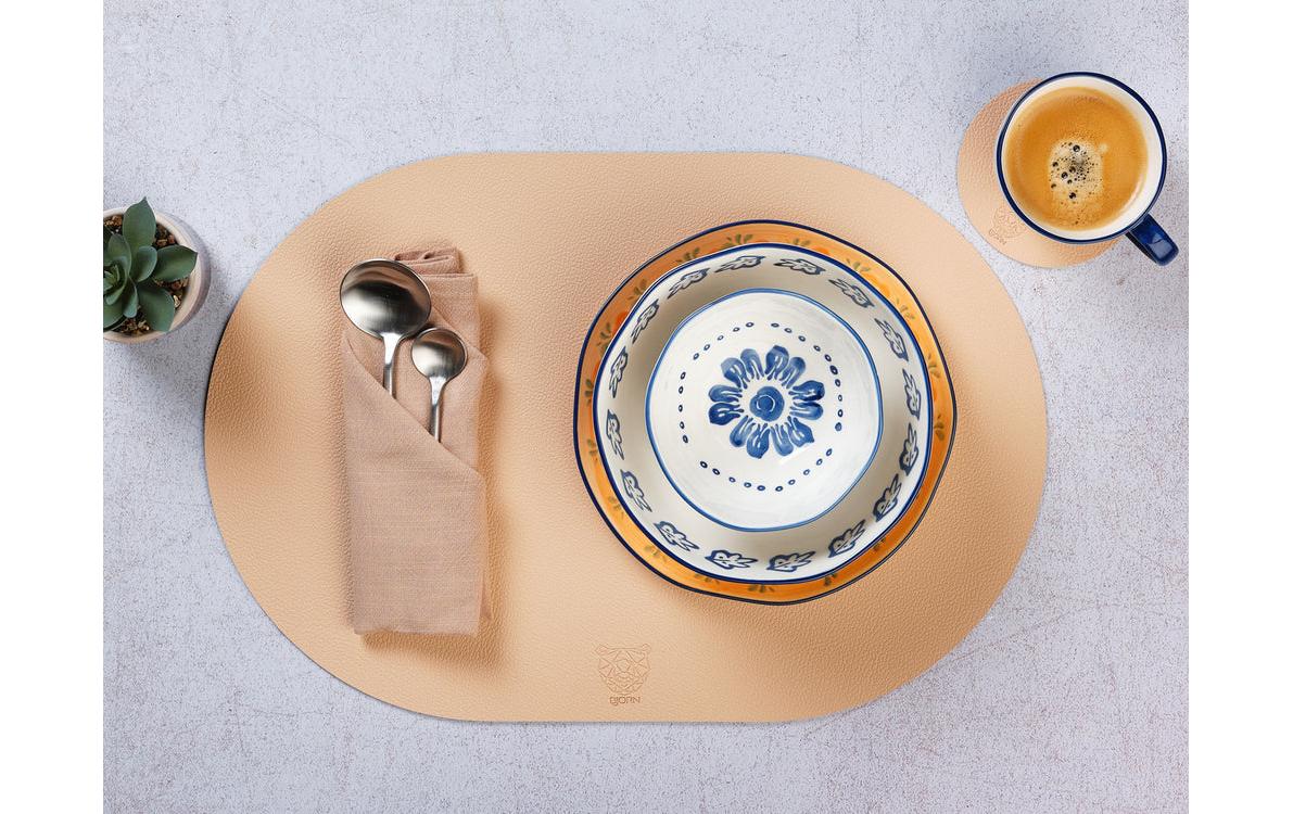Björn Tischset – oval, recyceltes Leder, rosa/grün, 44,5 × 30 cm – 6er-Set