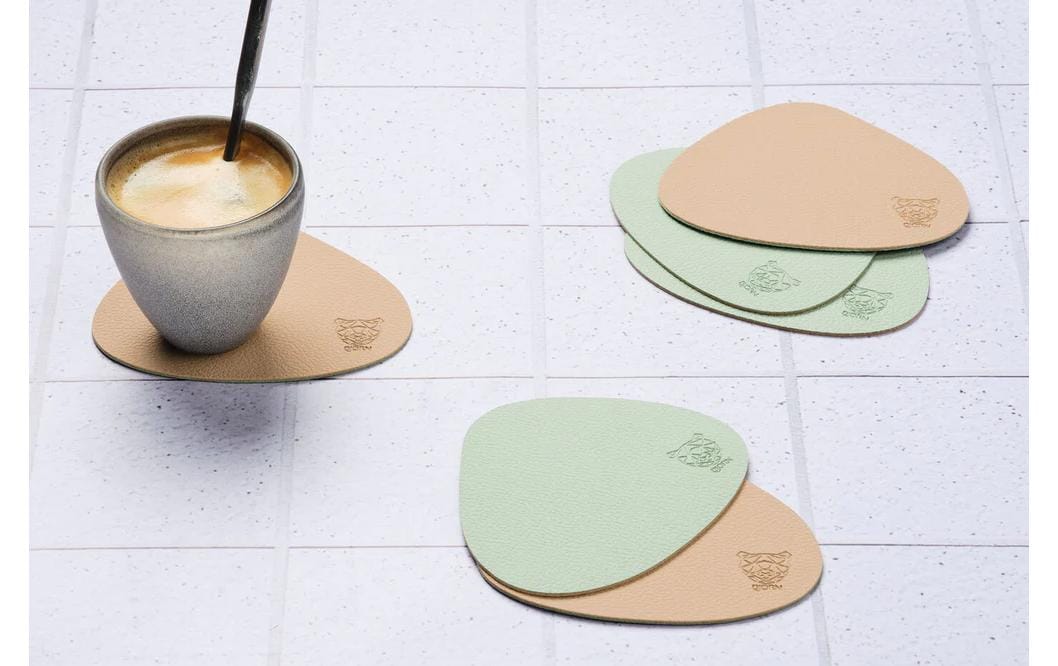 Björn Untersetzer Stone – 6er Set, Ø 10 cm, Leder/Naturkautschuk, Grün/Rosa, für Gläser
