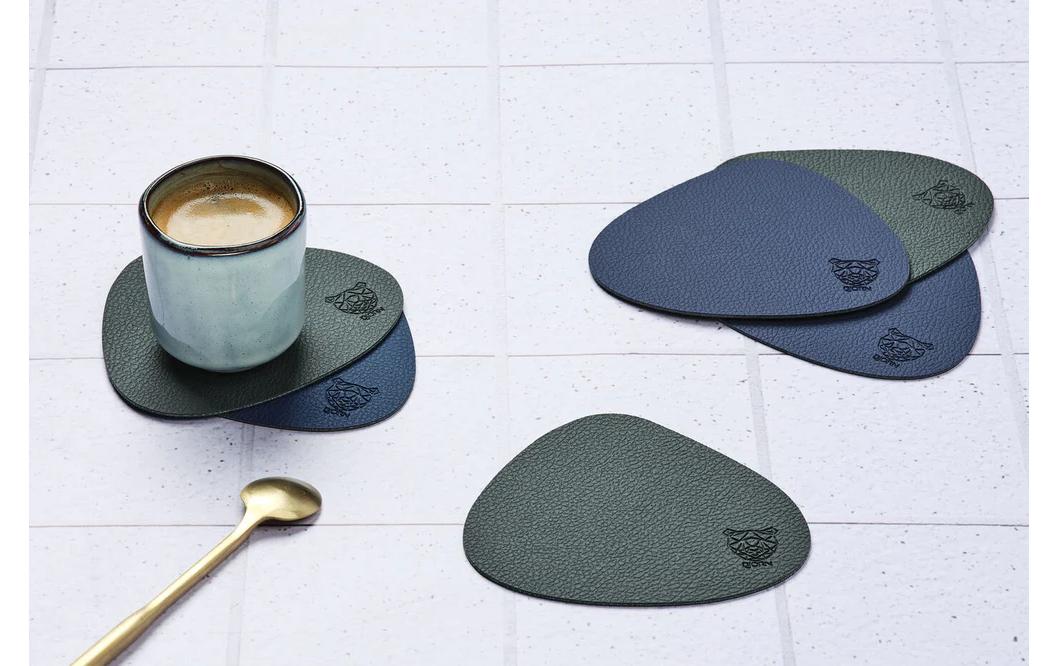 Björn Untersetzer Ø 10 × 2,5 cm, Leder (recycelt)/Gummi/PVC, blau/grau, 6er-Set, wendbar, für Glas