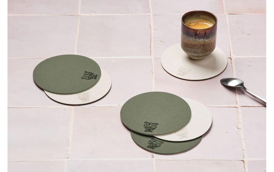 Björn Untersetzer – 6er Set, Ø 10 cm, Recyceltes Leder/Naturkautschuk, Creme/Grün, wendbar, für Gläser