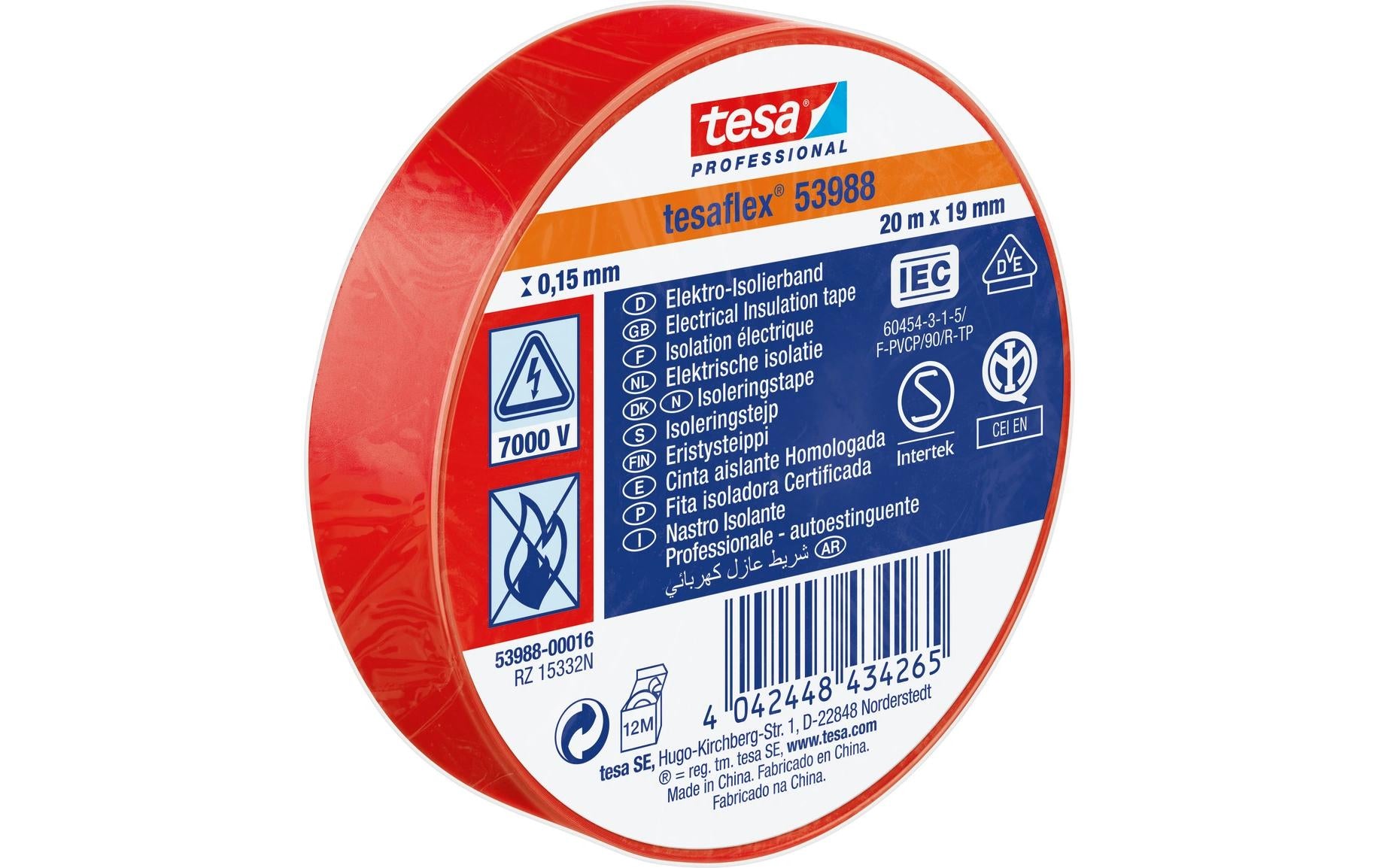 TESA Isolierband, 19 mm × 20 m, Naturkautschuk – Rot