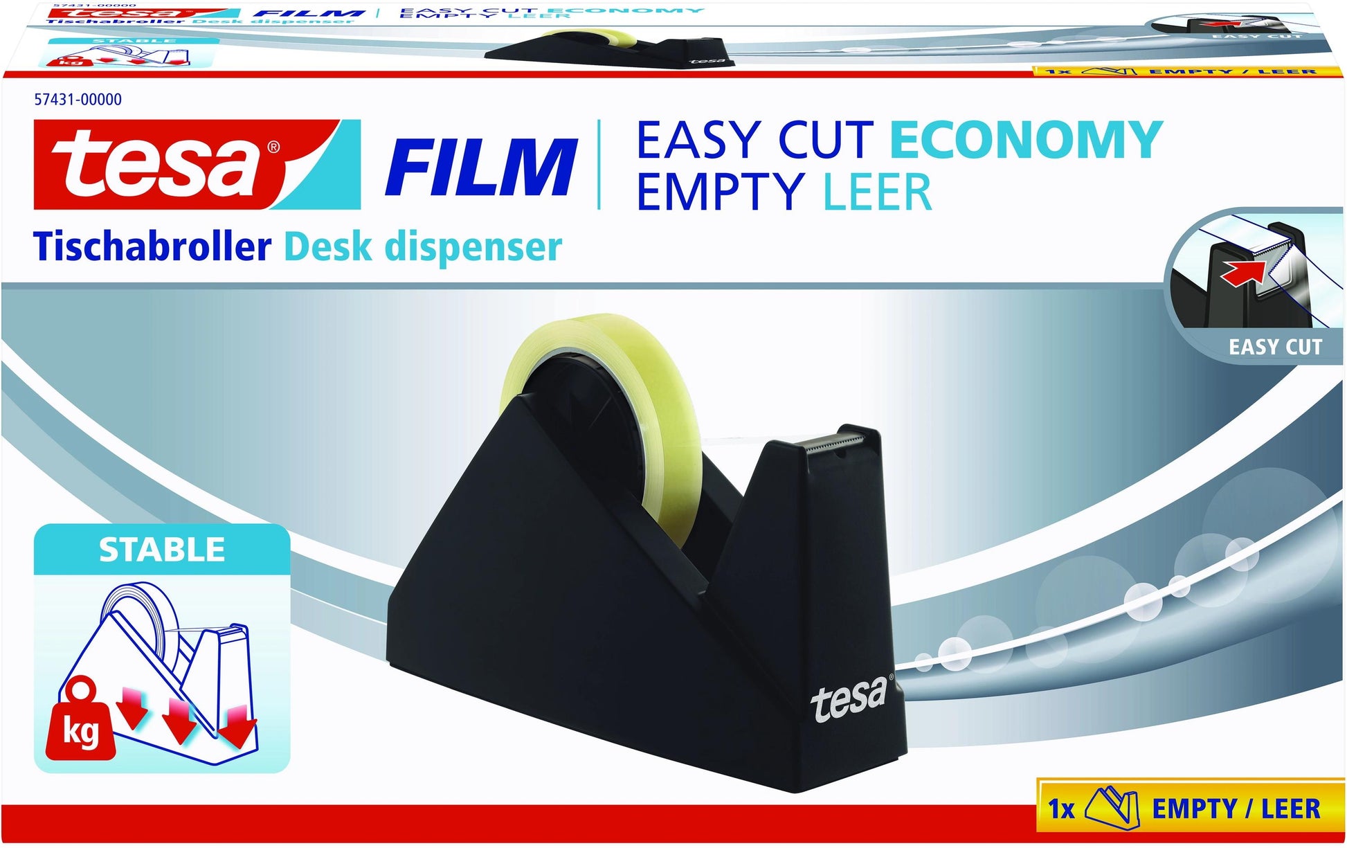 tesa Economy Tischabroller – für Klebefilm bis 25 mm × 66 m, Kunststoff, schwarz