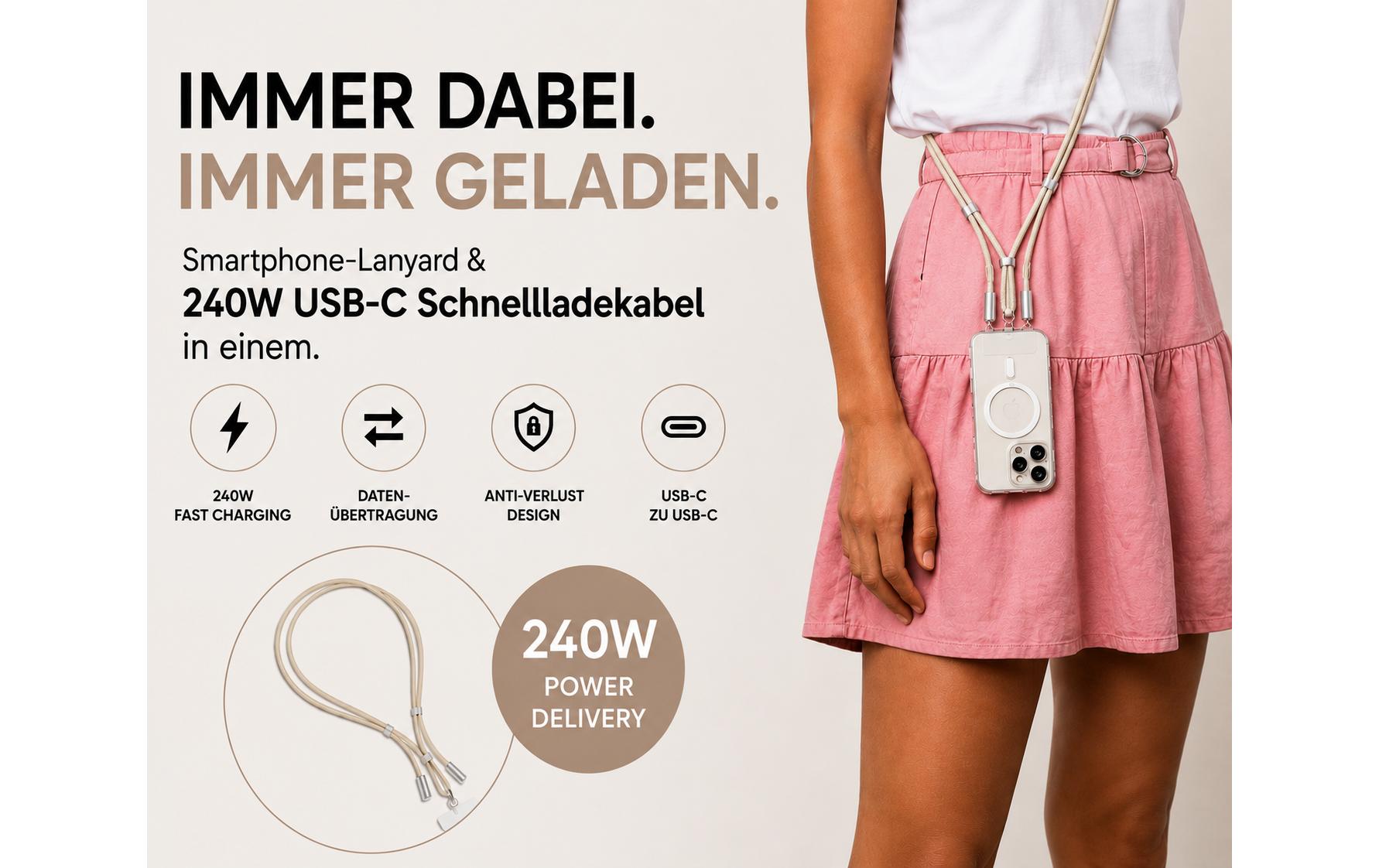 Onit Ladekabel – USB-C auf USB-C 1,8 m, 240 W, Silikon, Beige – für USB-C Geräte