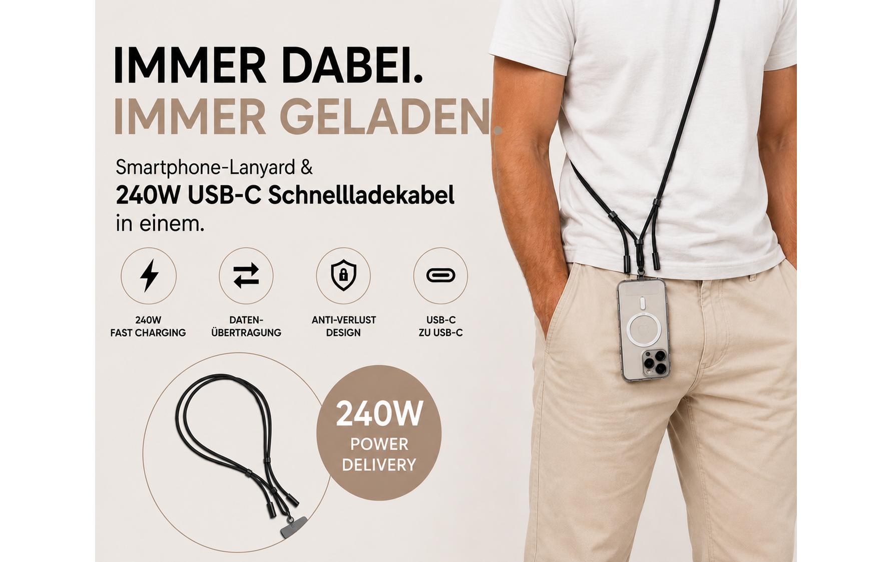 Onit Ladekabel – USB-C auf USB-C 1,8 m, 240 W, geflochten, schwarz – für USB-C Geräte
