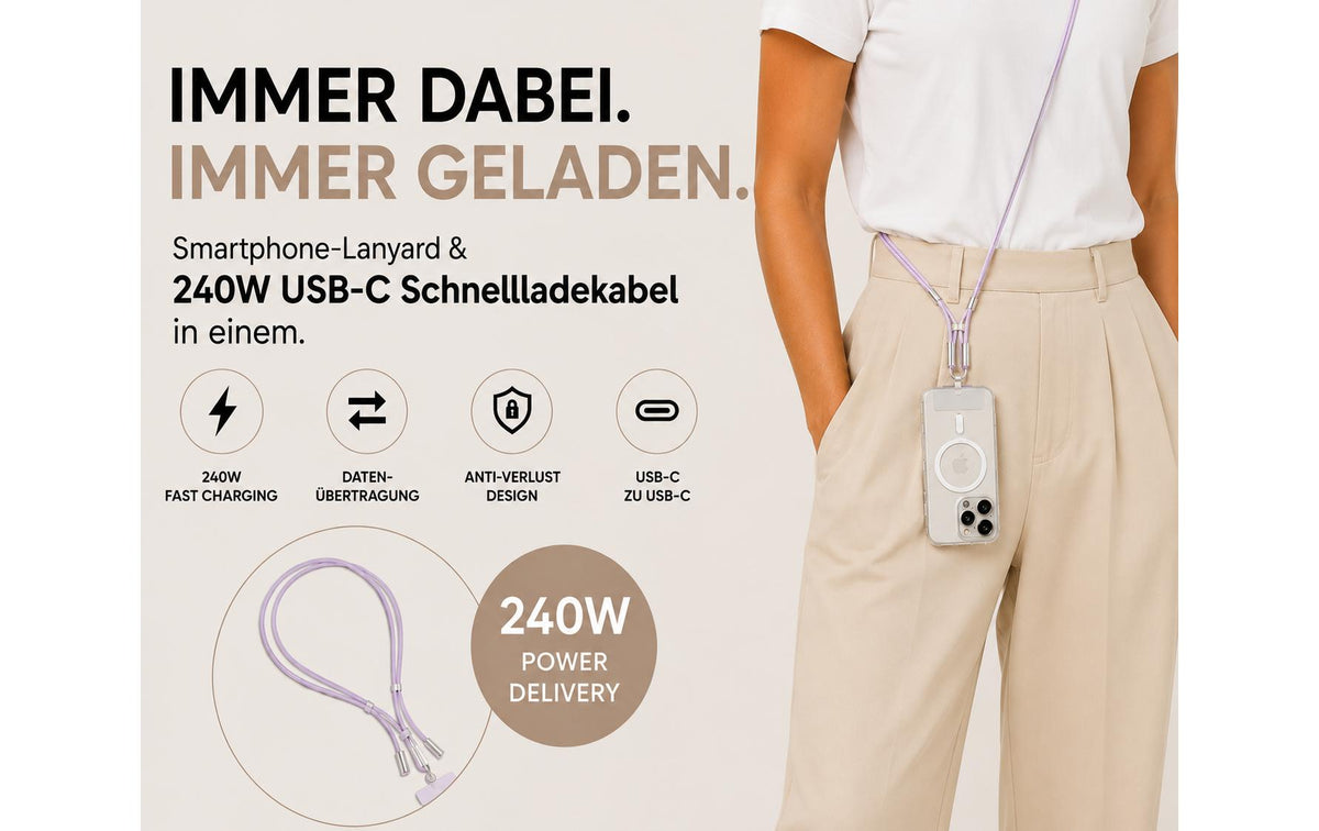 Onit Ladekabel – USB-C auf USB-C 1,8 m, 240 W, Schlüsselanhänger, Violett – für USB-C Geräte