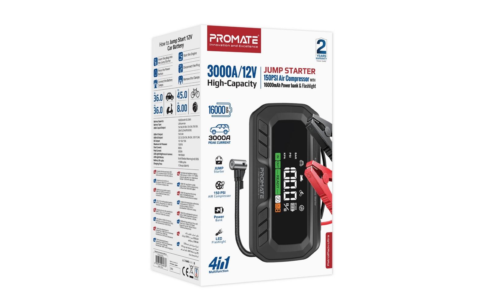 Promate PatrolPack-Ultra Powerbank 3'700 mAh – 65 W PD, 1× USB-C, 1× USB-A, schwarz